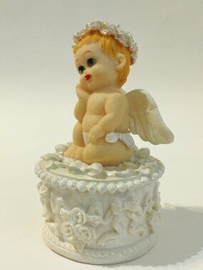 Prestige Trinket Box Baby Angel Wings Cherub White Glitter Jewelry Wedding Decor